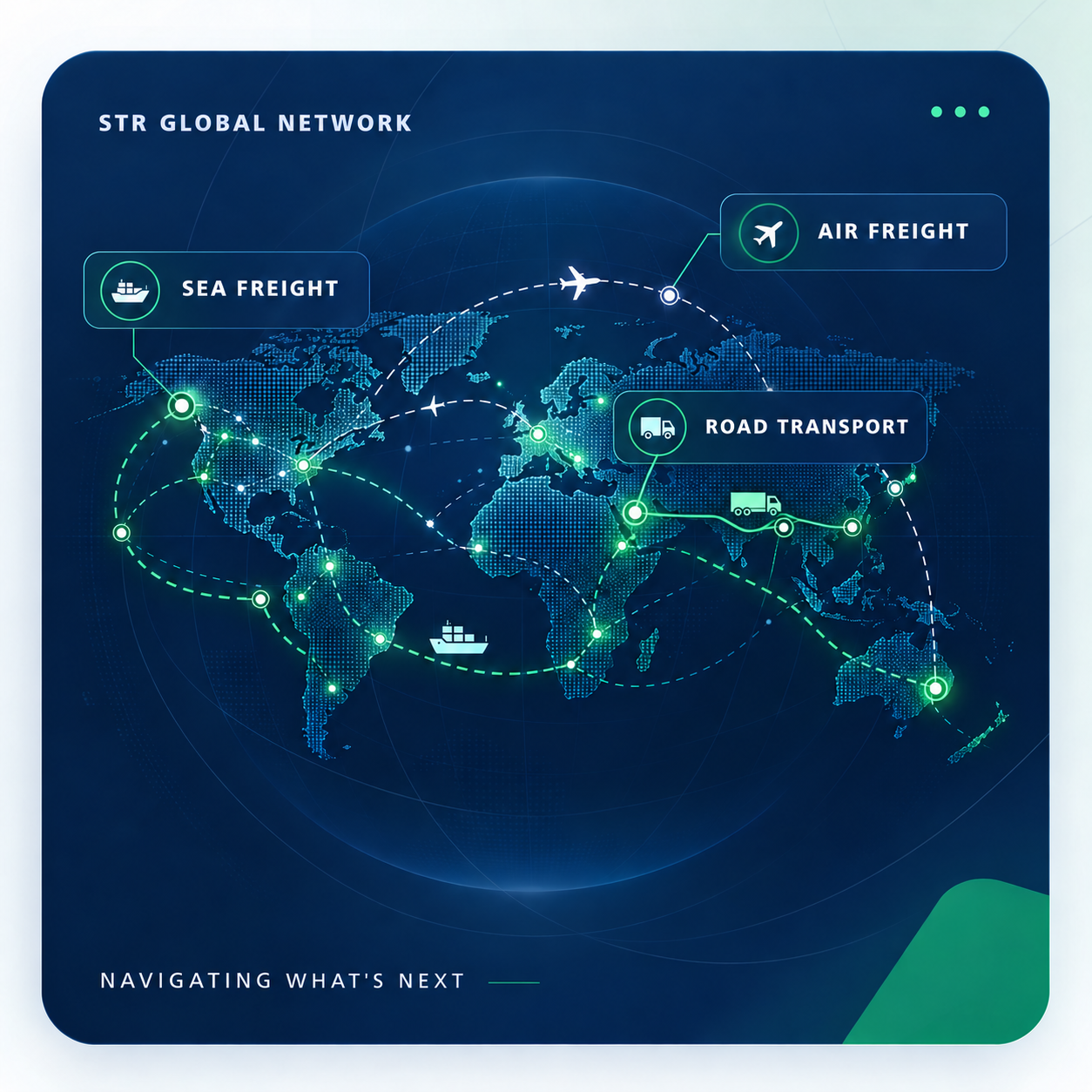 STR Global Network: illustrated world map featuring air freight, sea freight and road transport routes